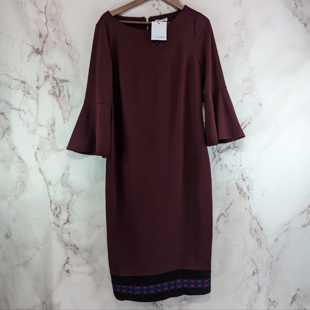 Calvin Klein Dress Women 14 Large Maroon Bell Sleeve Woven Tapestry Southwestern